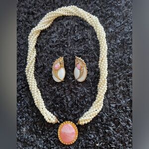 Pearls and Pink Stone Necklace and Earrings